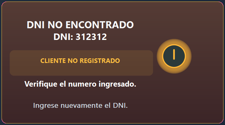 Ejemplo de aviso para un DNI no encontrado
